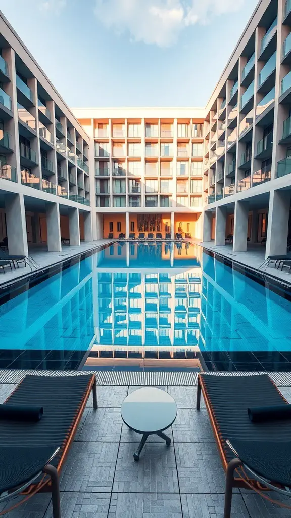 Modern hotel pool surrounded by geometric architecture