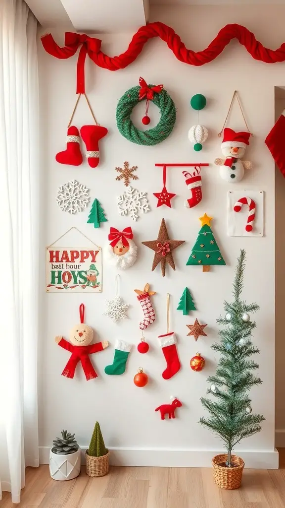 Colorful wall decorations for Christmas in a small apartment, featuring stockings, snowflakes, and a snowman.