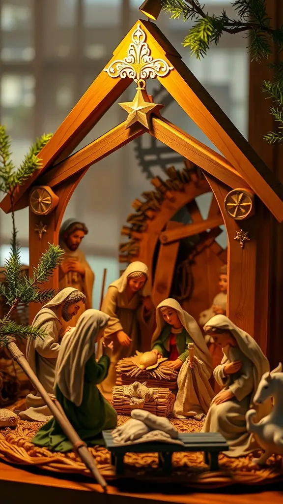 A beautifully crafted Italian nativity scene featuring Mary, Joseph, and baby Jesus, surrounded by other figures.