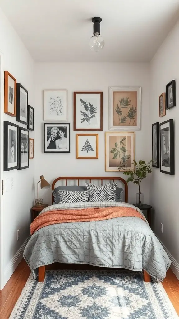 27+ Creative Small Rectangular Bedroom Ideas to Maximize Space 13 A small rectangular bedroom featuring a bed with a gray quilt, surrounded by various framed artworks on the walls.