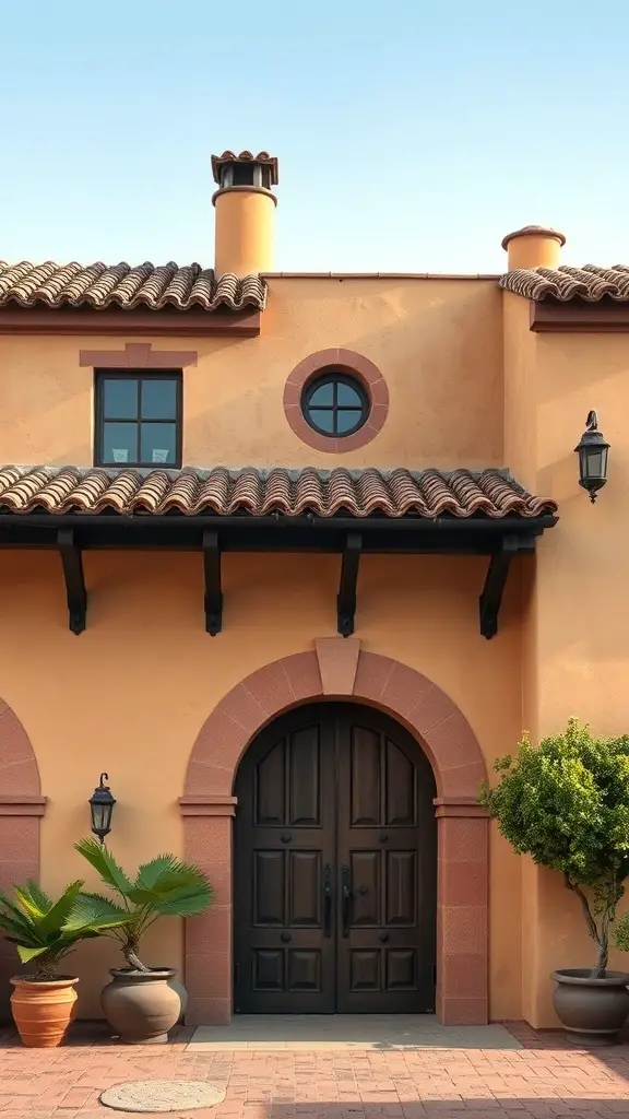 29+ Inspiring Spanish Revival Home Designs You’ll Love 3 Exterior view of a Spanish Revival home featuring stucco walls, a tile roof, and wooden doors.