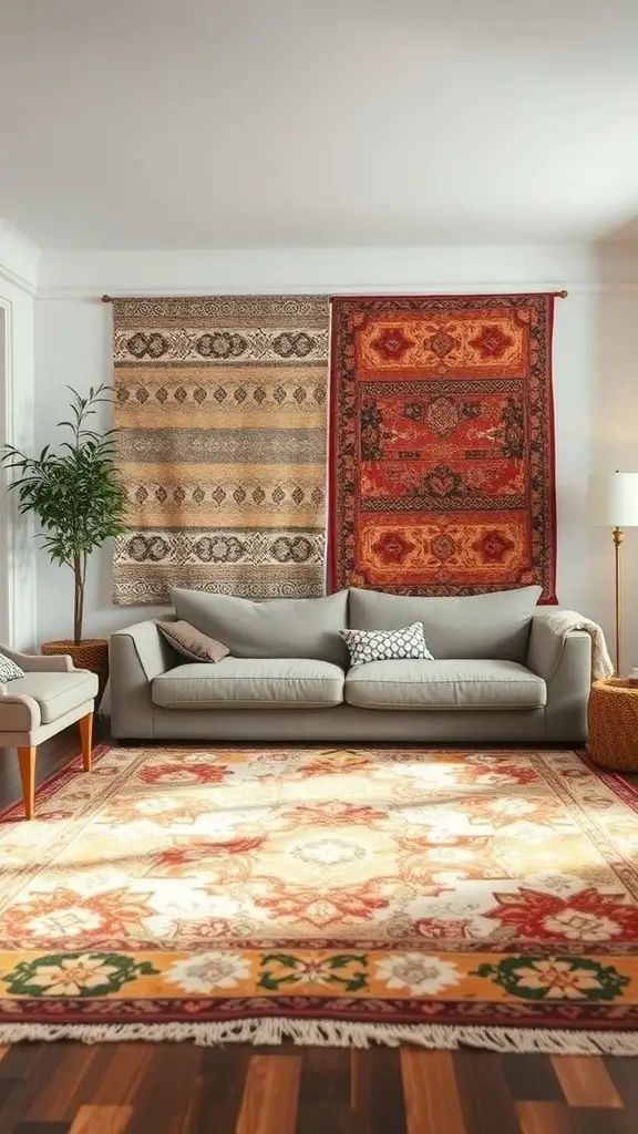 A cozy living room featuring a large decorative rug on the floor and two smaller rugs hanging on the wall.