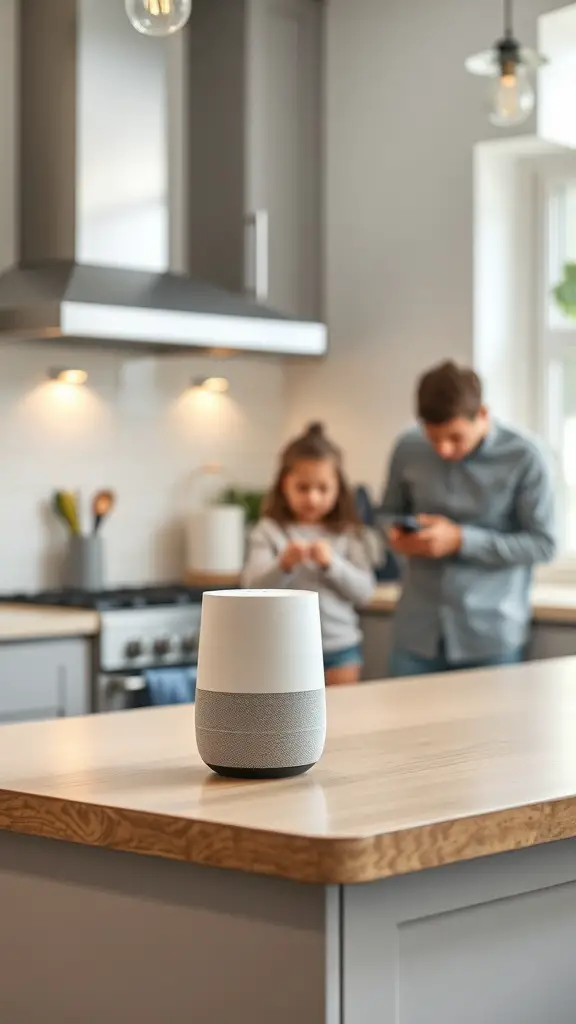A smart home assistant on a kitchen counter with a family in the background.