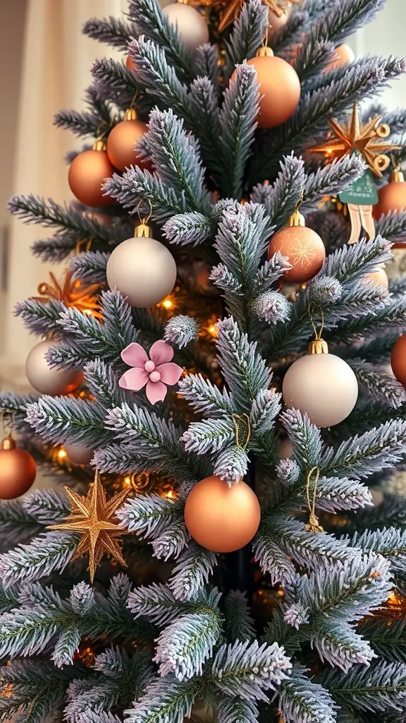 A beautifully decorated Christmas tree featuring copper and soft lavender ornaments, with twinkling lights and floral accents.
