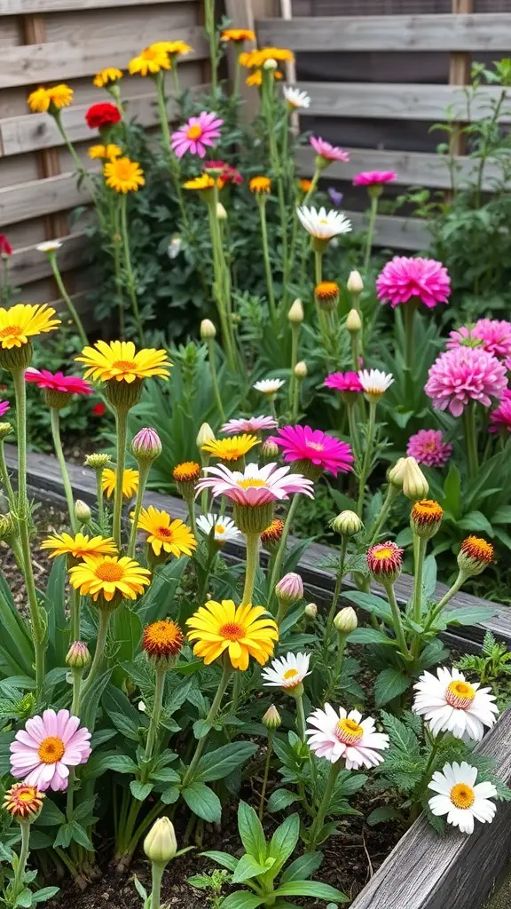 Colorful flower bed with a mix of ornamental and edible plants.