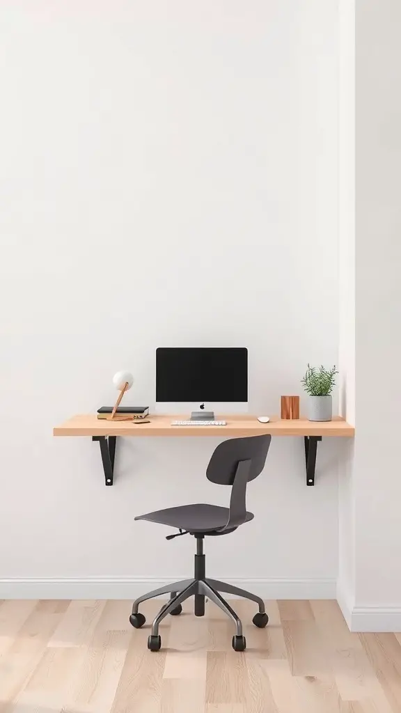 29+ Budget-Friendly Small Room Ideas to Maximize Space 10 A modern floating desk setup with a computer, chair, and decorative items.