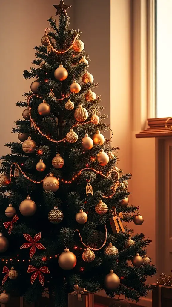 A beautifully decorated Christmas tree with soft brown and gold lighting.