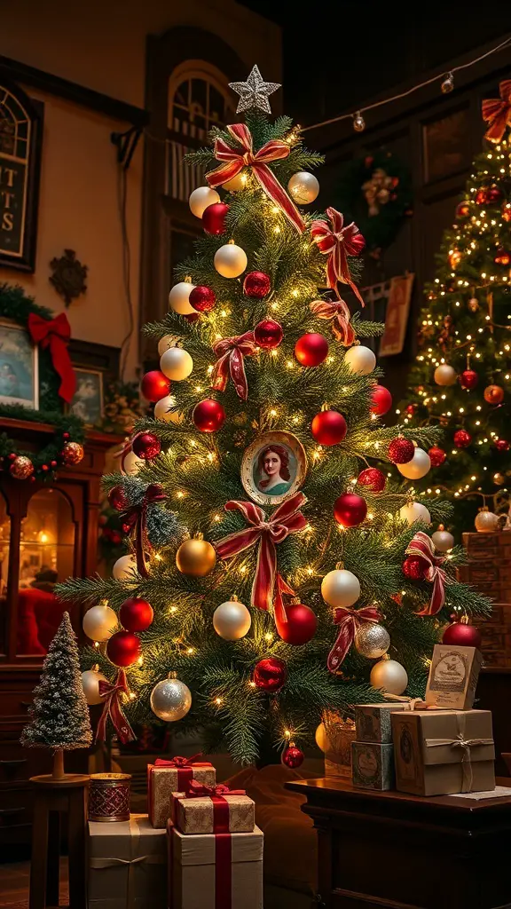 A beautifully decorated Christmas tree with red and gold ornaments, ribbons, and a framed photo, surrounded by wrapped gifts.