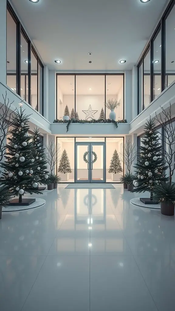 Modern mansion entrance decorated for Christmas with trees and minimalist decor