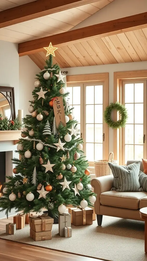 A rustic farmhouse style Christmas tree decorated with natural elements and neutral colors, surrounded by cozy seating.