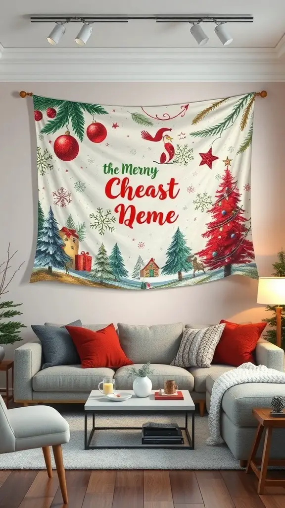 A colorful Christmas tapestry hanging on a wall, featuring a festive design with a Christmas tree and ornaments.
