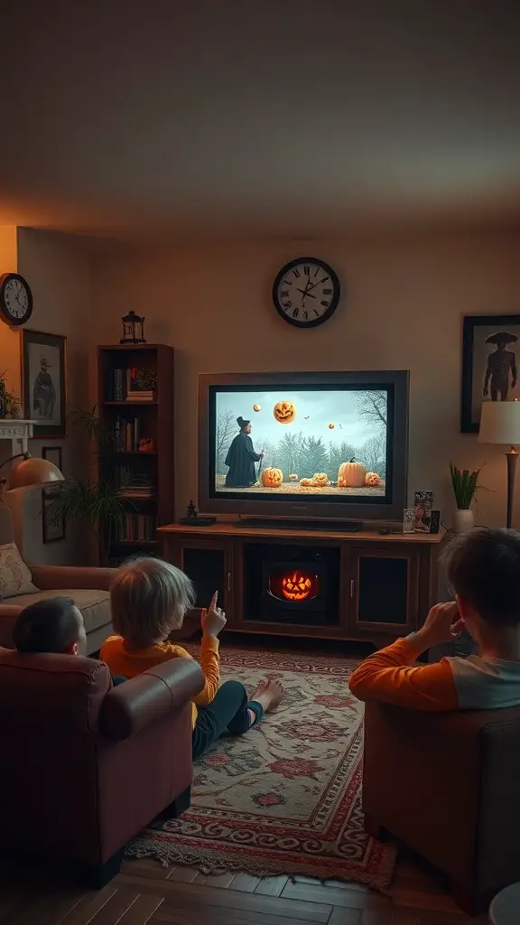 Children watching a Halloween-themed show on television, surrounded by pumpkins and a cozy living room.