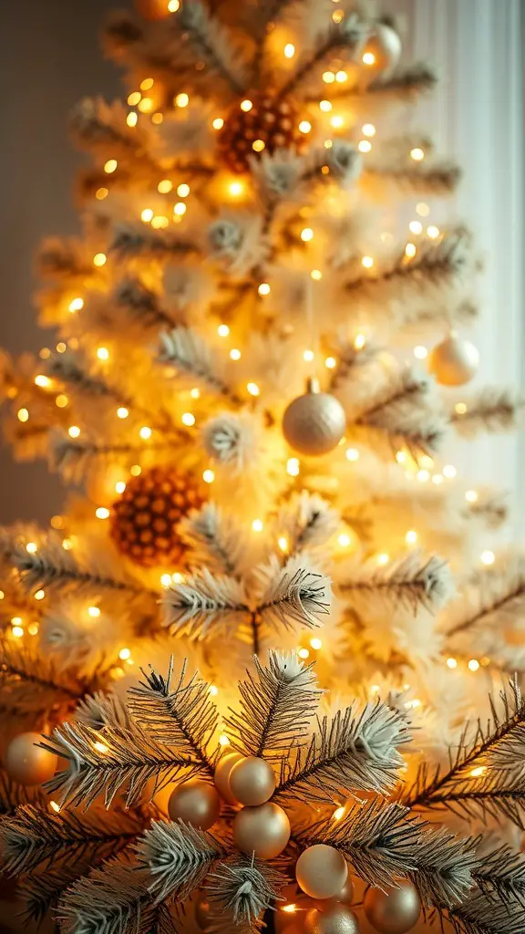 A beautifully decorated Christmas tree with delicate fairy lights and cream and gold ornaments.