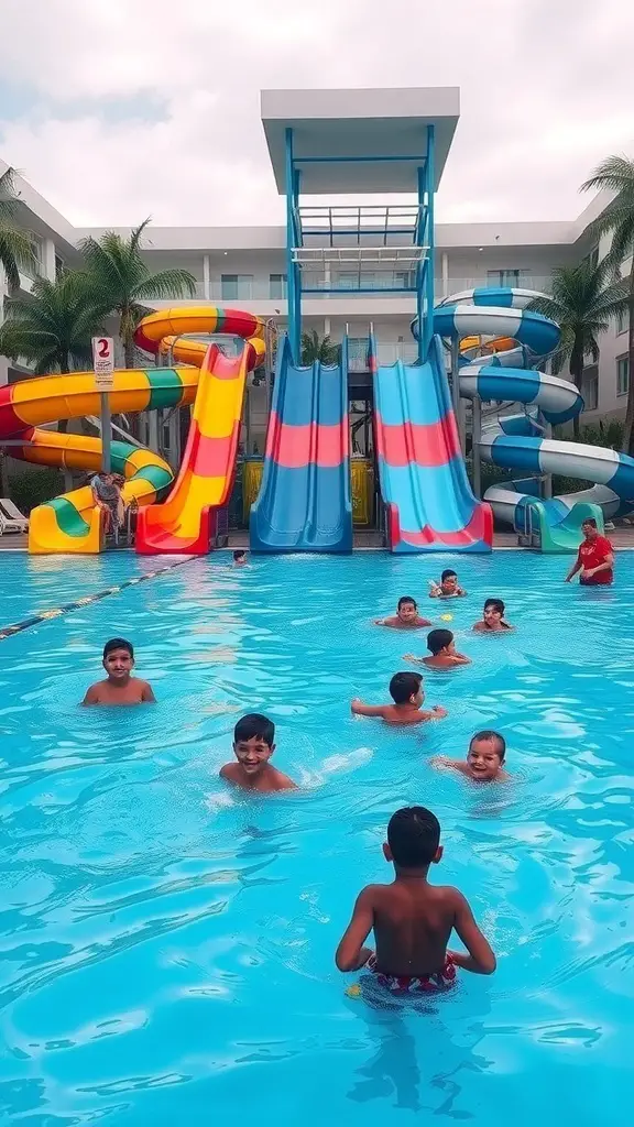 29+ Stunning Resort Pool Designs to Inspire Your Backyard Oasis 7 A colorful resort pool area with water slides and children playing in the water.