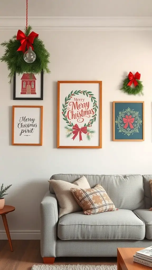 Wall art with holiday themes in a cozy living room