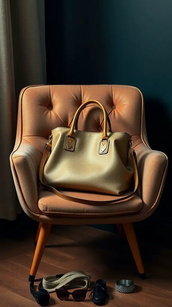 Stylish handbag on a chair with sunglasses and a scarf