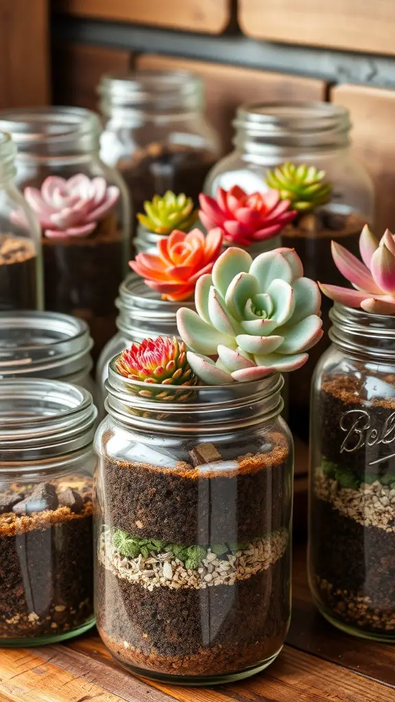 29+ Creative Succulent Pot Ideas You’ll Love 12 Colorful succulents arranged in glass jars with layers of soil and stones.