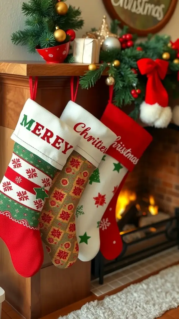 Three personalized Christmas stockings hanging from a mantel, decorated with festive designs and colors.