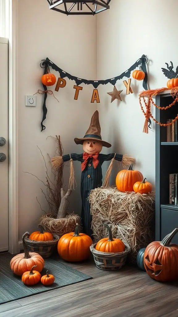 A cozy scarecrow corner display with pumpkins and hay bales for Halloween decoration.