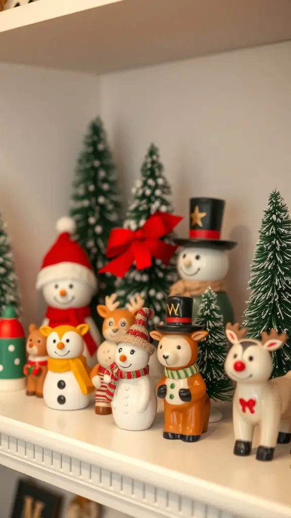 A collection of ceramic figurine ornaments including snowmen, reindeer, and animals, displayed on a shelf with evergreen trees.