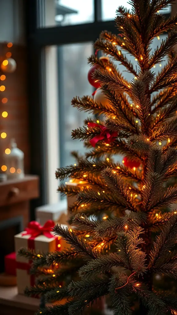 A rustic brown Christmas tree with golden lights, red bows, and gifts underneath.