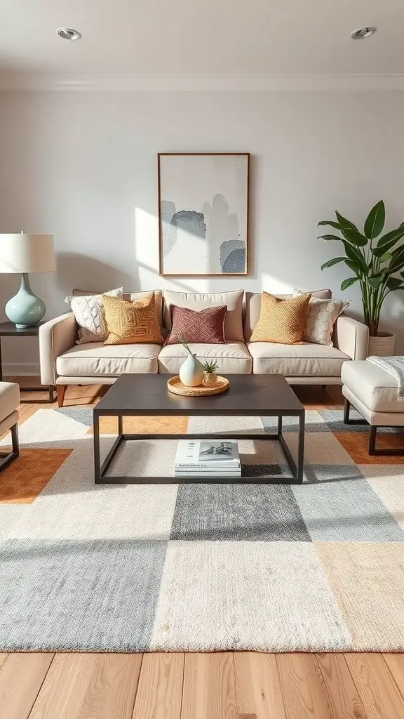 29+ Stunning Abstract Rugs to Elevate Your Living Room Decor 3 Living room with a geometric patterned rug, modern furniture, and soft color palette.