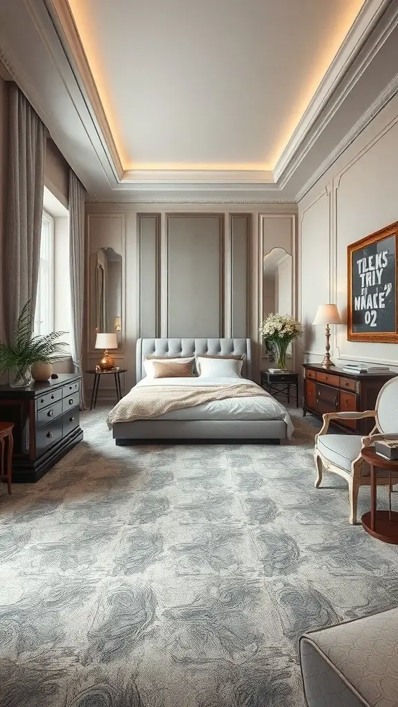 23+ Stylish Grey Carpet Bedroom Ideas for a Cozy Retreat 12 Luxurious bedroom with grey carpet, soft linens, and elegant decor.