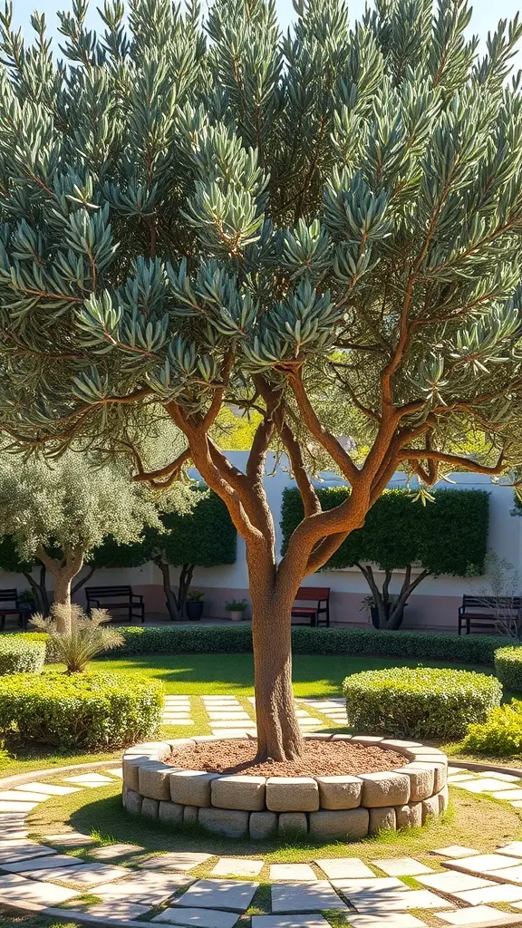 27+ Stunning Greek Garden Ideas for a Mediterranean Oasis 8 An olive tree in a garden, showcasing its lush foliage and unique shape.