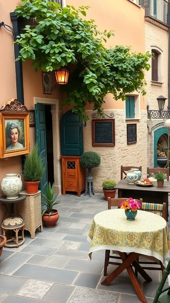 27+ Stunning Italian Terrace Ideas for Your Outdoor Escape 15 A cozy Italian terrace with a vine-covered entrance, a small table with flowers, and traditional decor.
