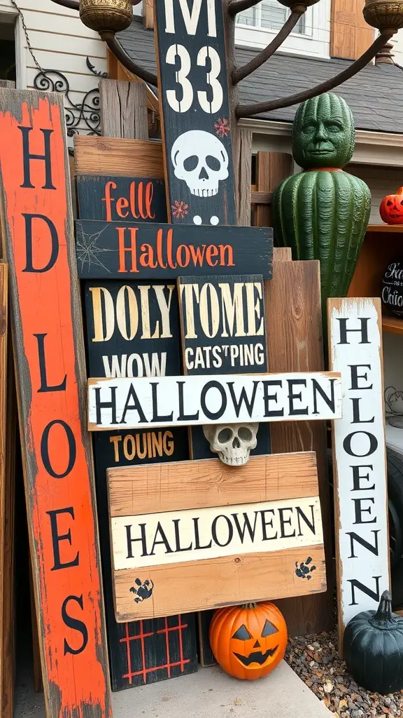 A collection of colorful wooden Halloween signs with various designs and messages.
