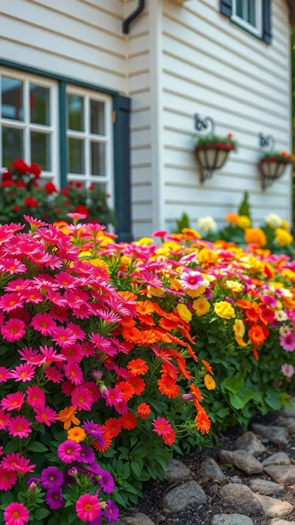 Colorful flower beds with pink, orange, and yellow flowers in front of a house.