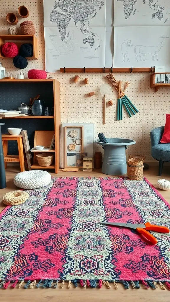 31+ Stunning Tufted Rug Designs You’ll Love 15 A colorful tufted rug in a creative workspace with crafting supplies.