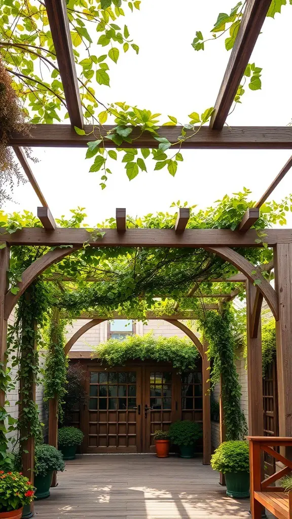 25+ Stunning Spanish Garden Hacienda Style Ideas to Transform Your Outdoor Space 5 A pergola with wooden beams covered in green vines and plants, leading to a wooden door.