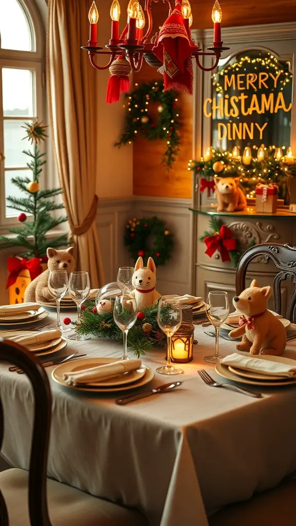 A holiday table setting with plush animal decorations, elegant tableware, and festive decor.