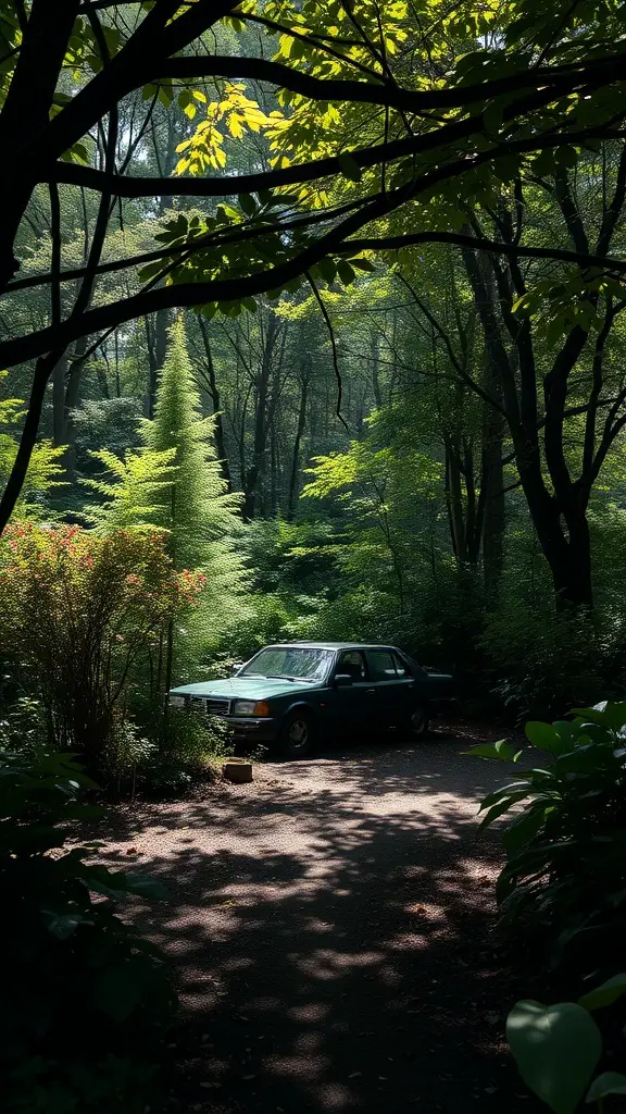 A serene woodland scene with lush greenery and a parked car along a gravel path.