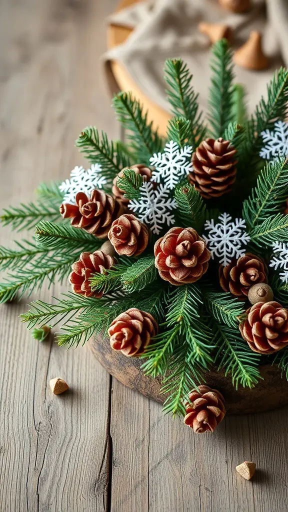 A cozy winter centerpiece featuring pinecones, evergreen branches, and white snowflakes arranged in a rustic bowl.