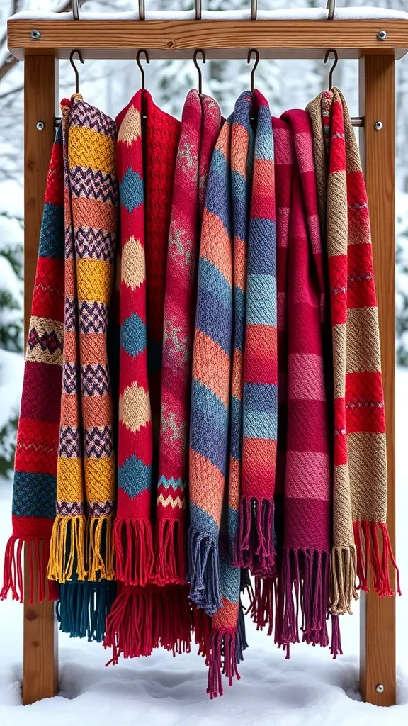 A colorful display of custom knit scarves hanging on a wooden rack in a snowy setting.