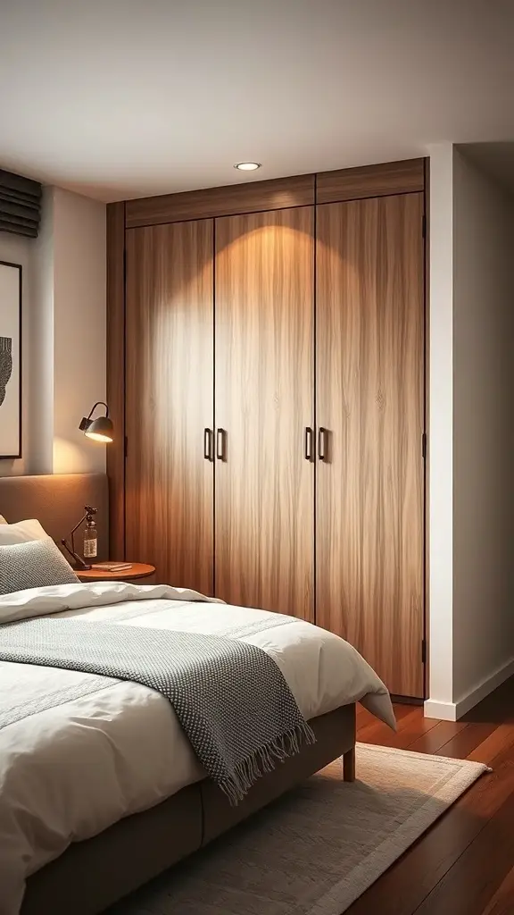 35+ Stunning Small Bedroom Interior Ideas for Cozy Spaces 3 A modern small bedroom featuring a sleek wooden wardrobe with sliding doors.