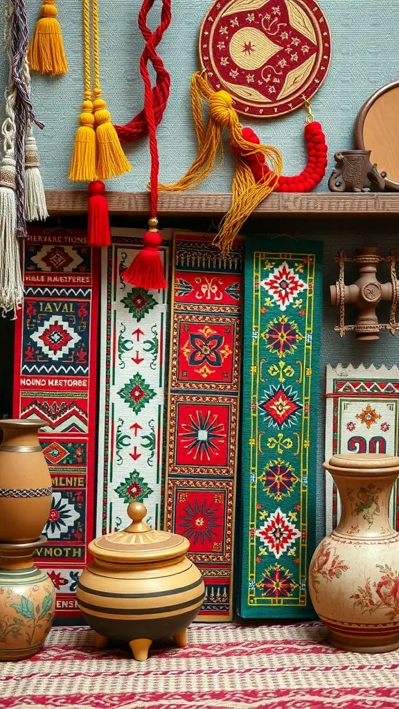 27+ Creative Fabric Bookmark Ideas to Elevate Your Reading Experience 13 A collection of colorful fabric bookmarks with cultural patterns displayed alongside decorative pottery.
