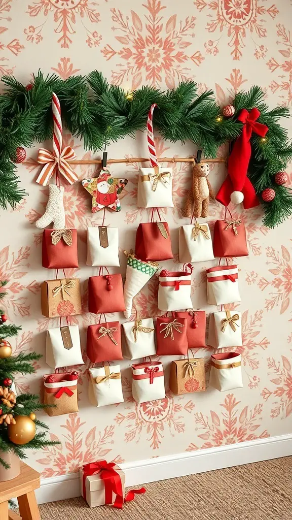 A unique advent calendar with wrapped gifts hanging on a wall, decorated with festive accents.