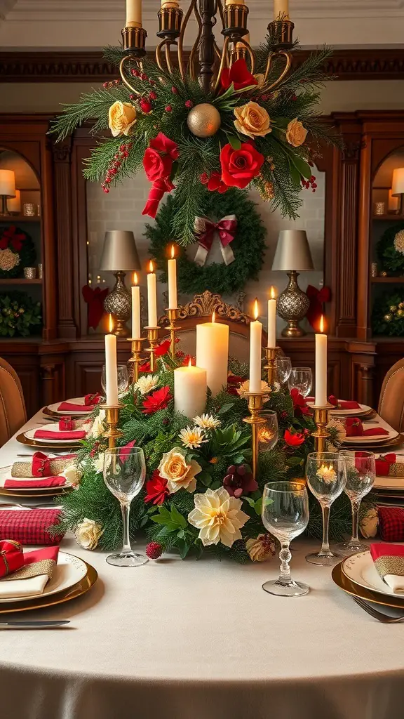 A beautifully decorated dining table with a floral centerpiece, candles, and elegant tableware for Christmas.
