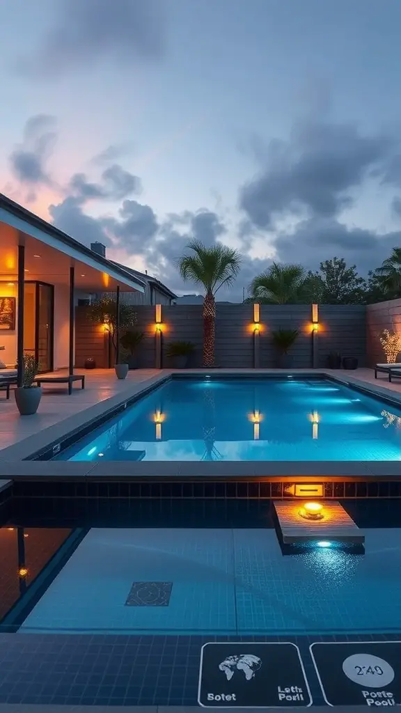 A modern private pool with smart technology features and beautiful lighting.