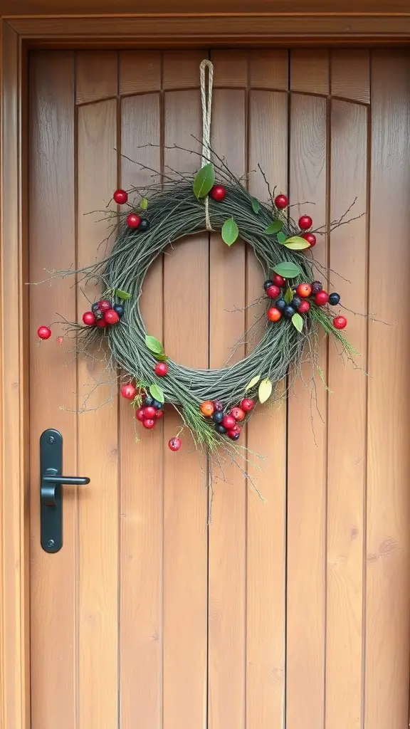 A rustic wreath made of twigs and berries hanging on a wooden door.