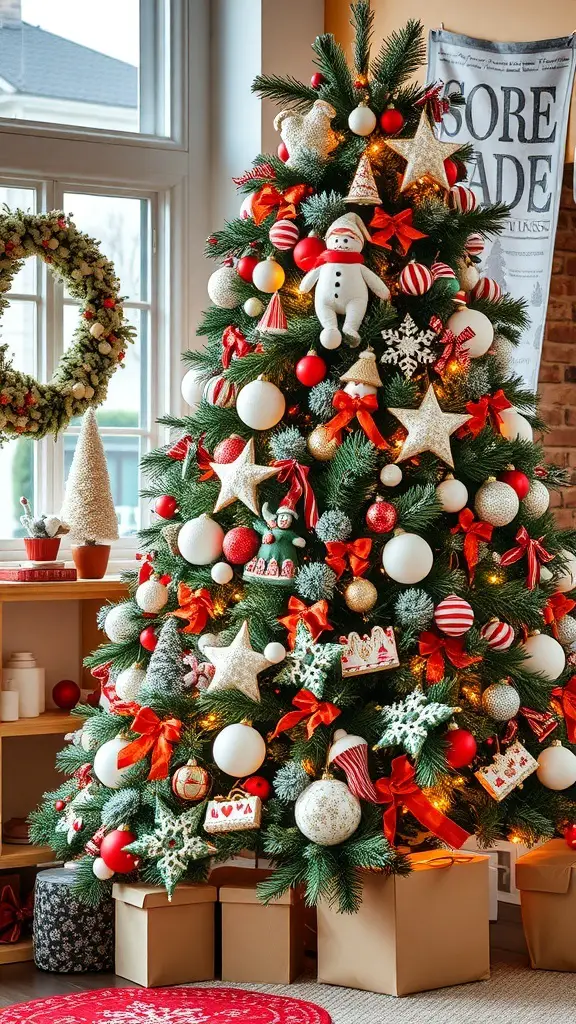 A beautifully decorated Christmas tree with red and white ornaments, ribbons, and a snowman, surrounded by gifts and a cozy rug.