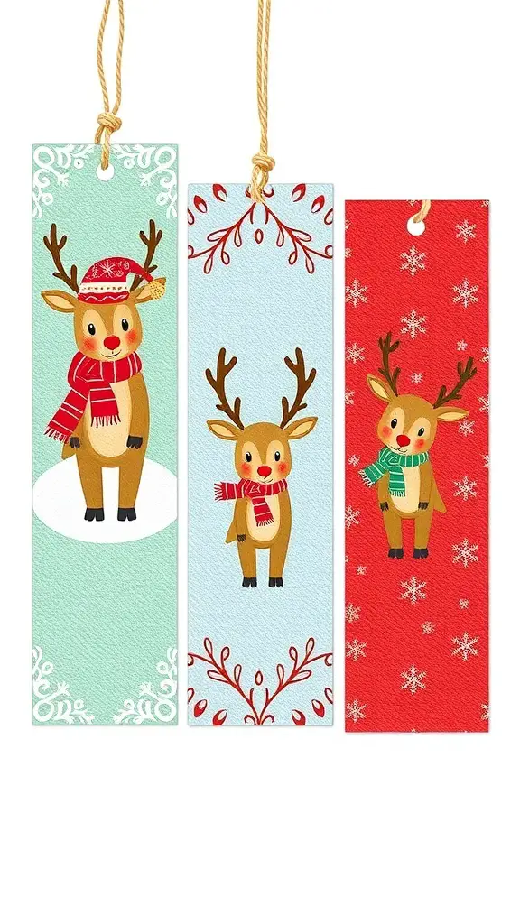 25+ Adorable Christmas Bookmarks You'll Love 6 A cheerful reindeer in a snowy setting with holiday decorations