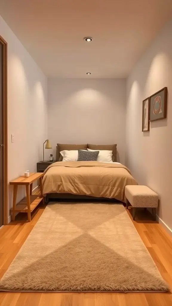 27+ Creative Small Rectangular Bedroom Ideas to Maximize Space 3 A small rectangular bedroom featuring a bed with layered textiles, a plush rug, and minimalistic decor.