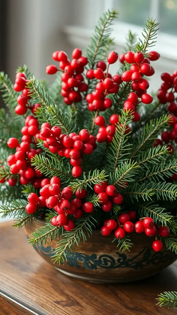 A beautiful centerpiece featuring evergreen branches and bright red berries in a rustic bowl.