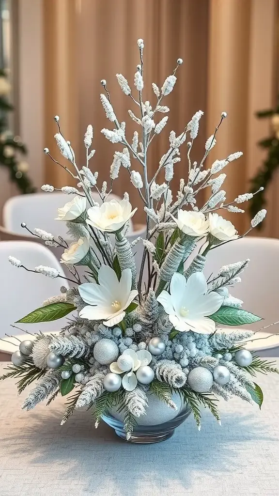 A winter-themed wedding centerpiece featuring white flowers, frosted greenery, and silver ornaments.