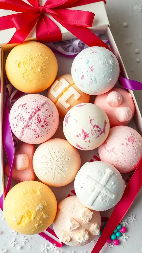 23 Affordable DIY Christmas Gifts for Everyone on Your List 6 A colorful assortment of homemade bath bombs in a gift box with a ribbon.
