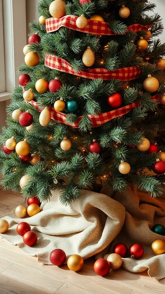 A Christmas tree decorated with colorful ornaments and a burlap tree skirt.